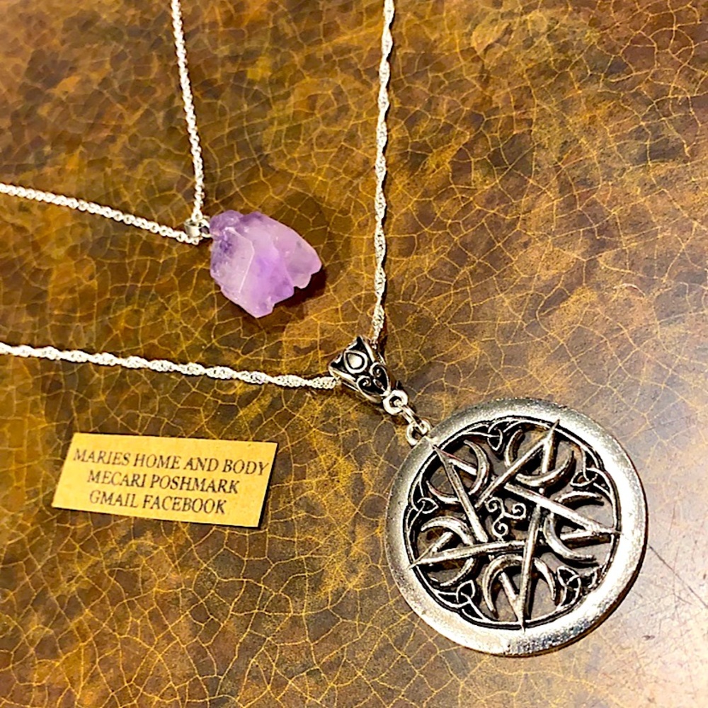 Purple Amethyst crystal Protection Pentagram Moon necklace 925 silver S925 NEW